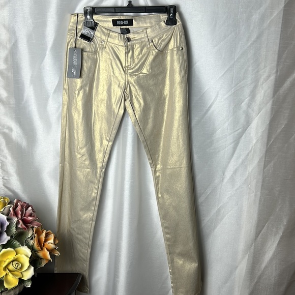 RED -OX   VTG SHINY SKINNY FIT STRETCH JEANS . Handmade . Size 7/8 low rise - Picture 2 of 12